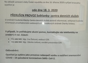 Provoz Světlanky - centra denních služeb přerušen! Pečovatelská služba funguje dál. 